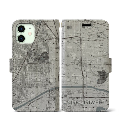 【喜連瓜破（大阪府）】地図柄iPhoneケース（手帳タイプ）モノトーン・iPhone 12 mini 用