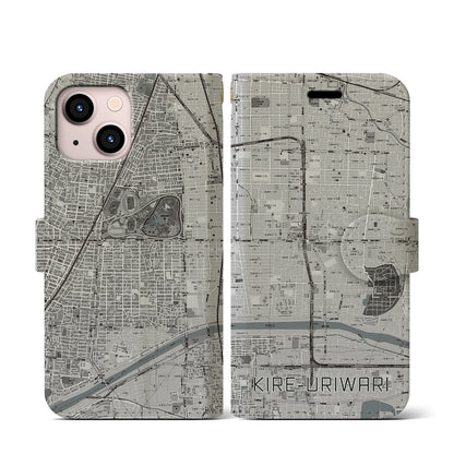 【喜連瓜破（大阪府）】地図柄iPhoneケース（手帳タイプ）モノトーン・iPhone 13 mini 用