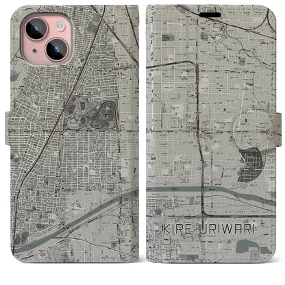 【喜連瓜破（大阪府）】地図柄iPhoneケース（手帳タイプ）モノトーン・iPhone 15 Plus 用