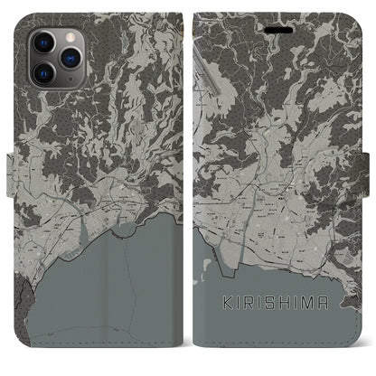 【霧島（鹿児島県）】地図柄iPhoneケース（手帳タイプ）モノトーン・iPhone 11 Pro Max 用