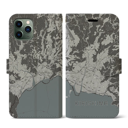 【霧島（鹿児島県）】地図柄iPhoneケース（手帳タイプ）モノトーン・iPhone 11 Pro 用