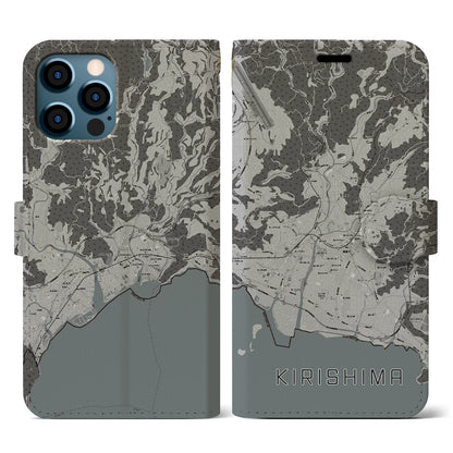 【霧島（鹿児島県）】地図柄iPhoneケース（手帳タイプ）モノトーン・iPhone 12 / 12 Pro 用