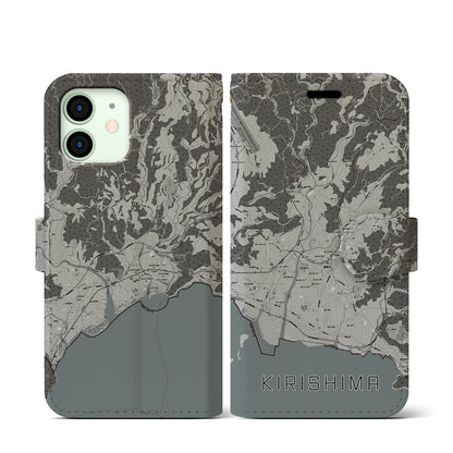 【霧島（鹿児島県）】地図柄iPhoneケース（手帳タイプ）モノトーン・iPhone 12 mini 用