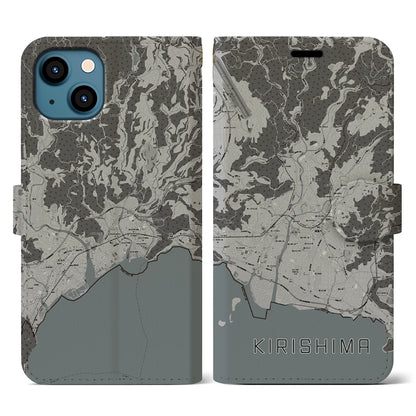 【霧島（鹿児島県）】地図柄iPhoneケース（手帳タイプ）モノトーン・iPhone 13 用