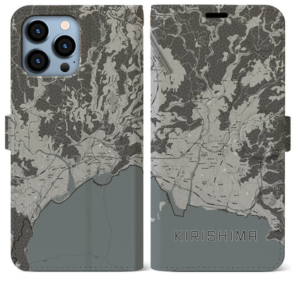 【霧島（鹿児島県）】地図柄iPhoneケース（手帳タイプ）モノトーン・iPhone 13 Pro Max 用