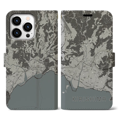 【霧島（鹿児島県）】地図柄iPhoneケース（手帳タイプ）モノトーン・iPhone 13 Pro 用