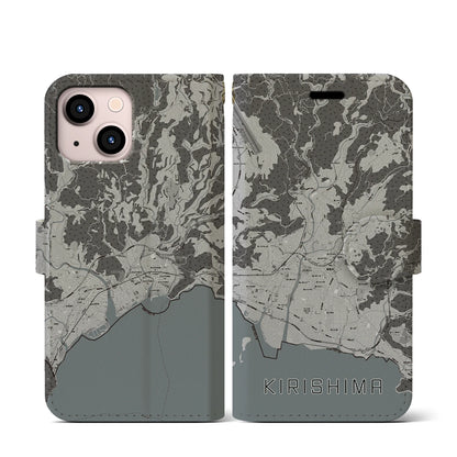 【霧島（鹿児島県）】地図柄iPhoneケース（手帳タイプ）モノトーン・iPhone 13 mini 用