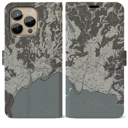 【霧島（鹿児島県）】地図柄iPhoneケース（手帳タイプ）モノトーン・iPhone 14 Pro Max 用