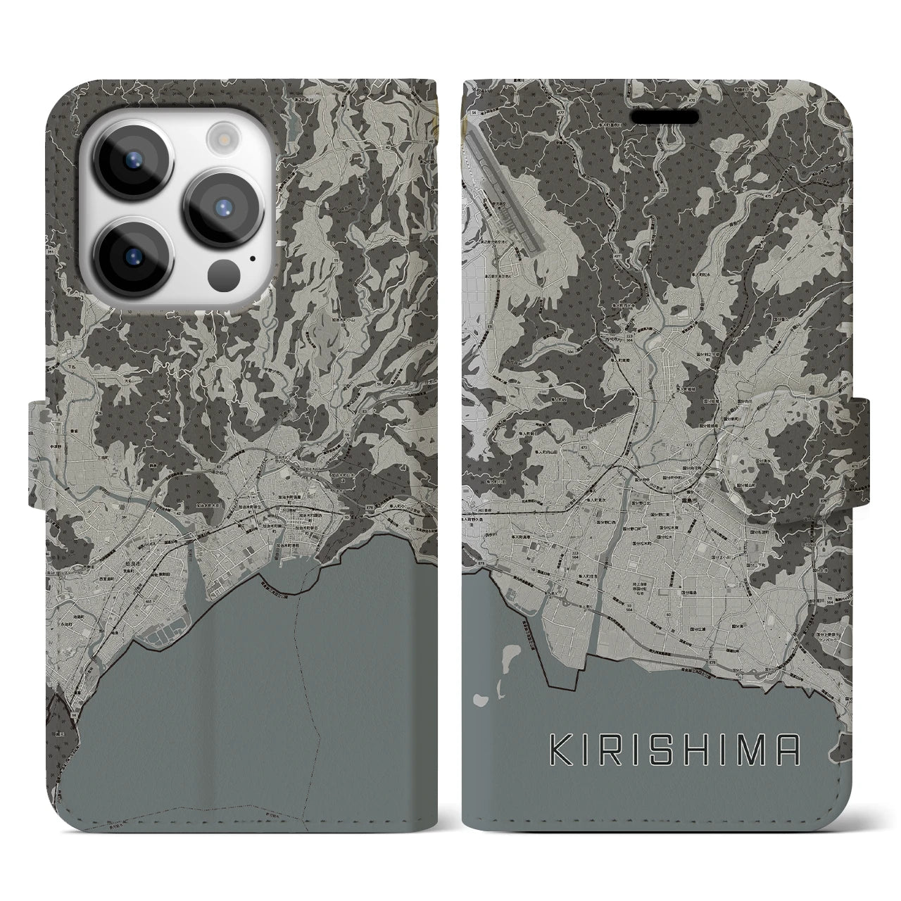 【霧島】地図柄iPhoneケース（手帳両面タイプ・モノトーン）iPhone 14 Pro 用