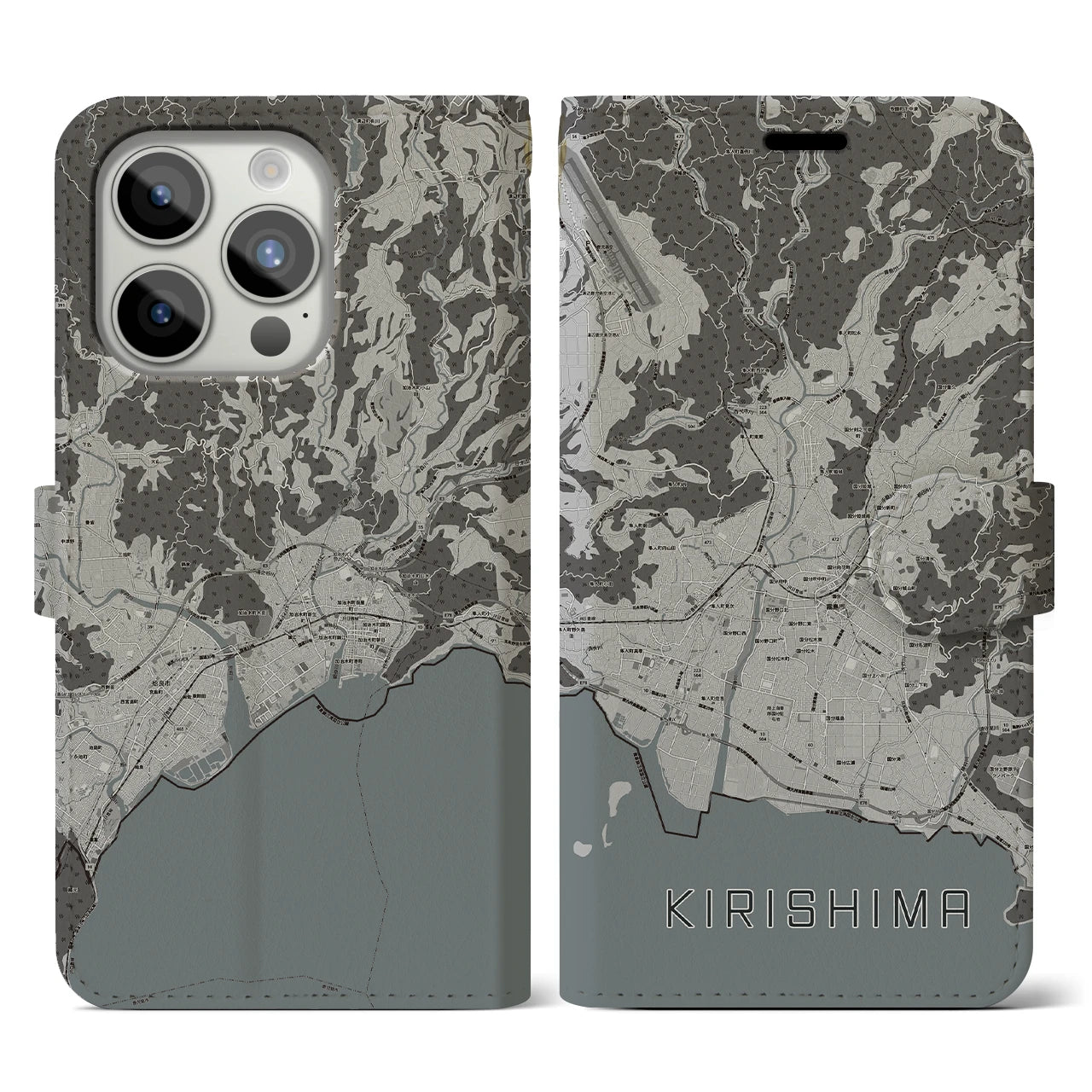 【霧島】地図柄iPhoneケース（手帳両面タイプ・モノトーン）iPhone 15 Pro 用