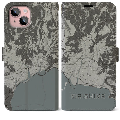 【霧島（鹿児島県）】地図柄iPhoneケース（手帳タイプ）モノトーン・iPhone 15 Plus 用