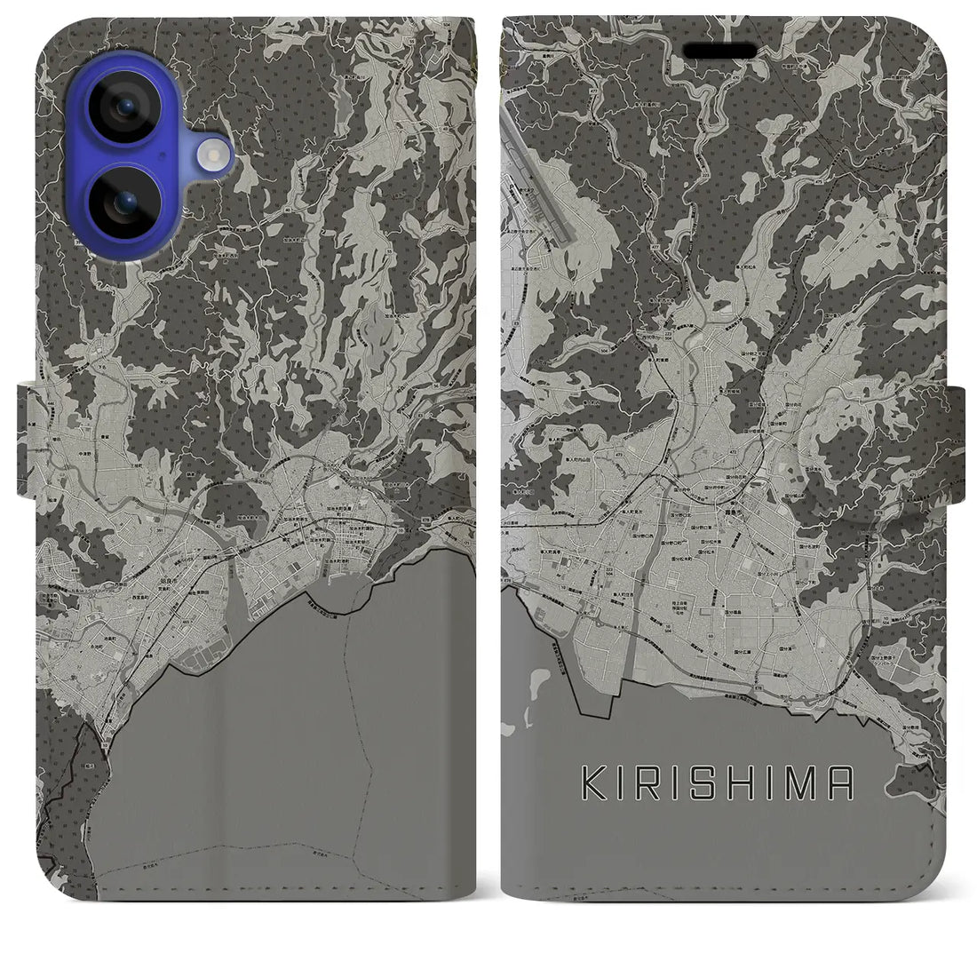 【霧島(鹿児島県)】地図柄iPhoneケース(手帳タイプ)モノトーン・iPhone 16 Pro Max 用