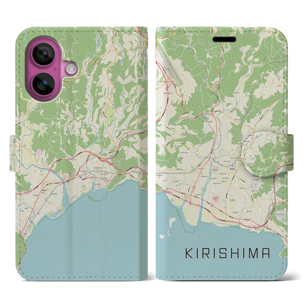 【霧島（鹿児島県）】地図柄iPhoneケース（手帳タイプ）ナチュラル・iPhone 16 Pro 用