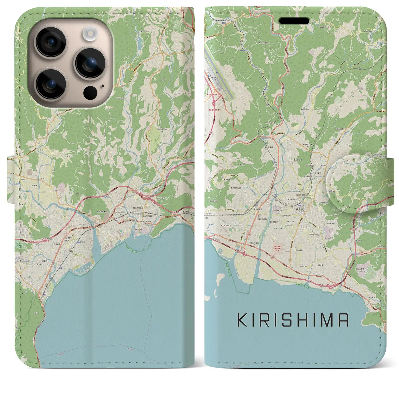 【霧島（鹿児島県）】地図柄iPhoneケース（手帳タイプ）ナチュラル・iPhone 16 Plus 用