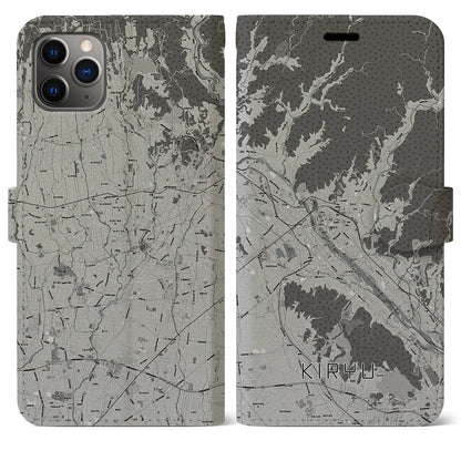 【桐生（群馬県）】地図柄iPhoneケース（手帳タイプ）モノトーン・iPhone 11 Pro Max 用