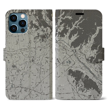 【桐生（群馬県）】地図柄iPhoneケース（手帳タイプ）モノトーン・iPhone 12 / 12 Pro 用