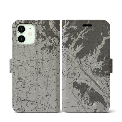 【桐生（群馬県）】地図柄iPhoneケース（手帳タイプ）モノトーン・iPhone 12 mini 用