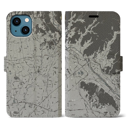 【桐生（群馬県）】地図柄iPhoneケース（手帳タイプ）モノトーン・iPhone 13 用