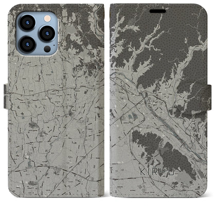 【桐生（群馬県）】地図柄iPhoneケース（手帳タイプ）モノトーン・iPhone 13 Pro Max 用