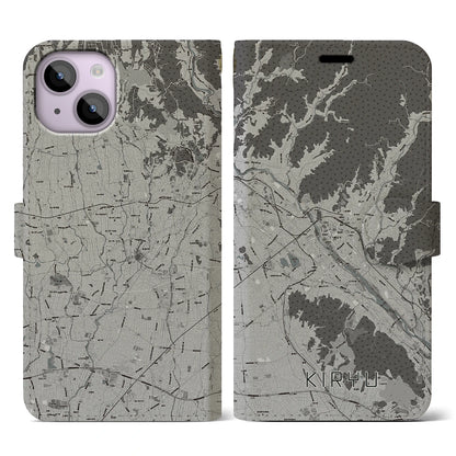 【桐生（群馬県）】地図柄iPhoneケース（手帳タイプ）モノトーン・iPhone 14 用