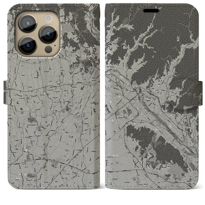 【桐生（群馬県）】地図柄iPhoneケース（手帳タイプ）モノトーン・iPhone 14 Pro Max 用