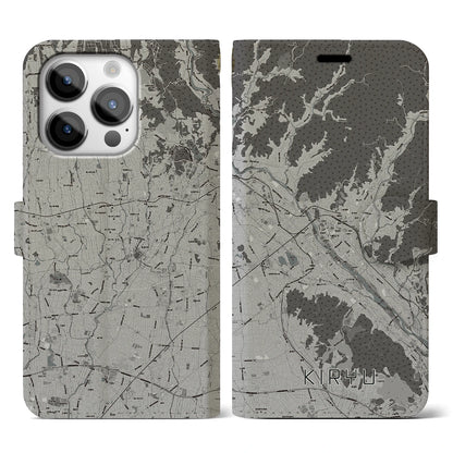 【桐生（群馬県）】地図柄iPhoneケース（手帳タイプ）モノトーン・iPhone 14 Pro 用