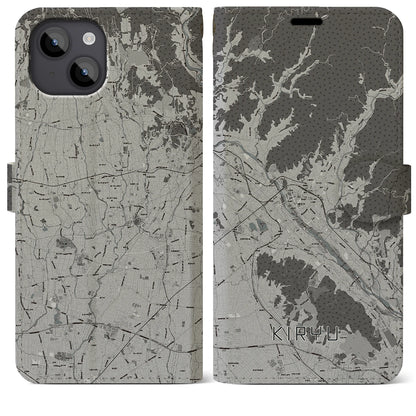 【桐生（群馬県）】地図柄iPhoneケース（手帳タイプ）モノトーン・iPhone 14 Plus 用