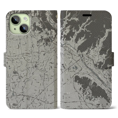 【桐生（群馬県）】地図柄iPhoneケース（手帳タイプ）モノトーン・iPhone 15 用