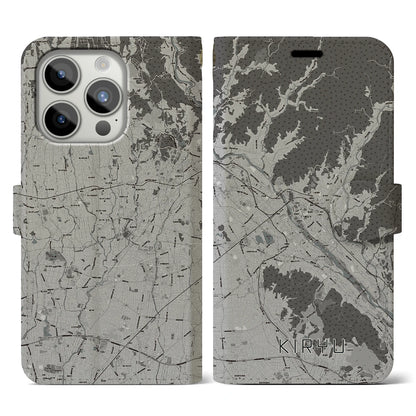 【桐生（群馬県）】地図柄iPhoneケース（手帳タイプ）モノトーン・iPhone 15 Pro 用