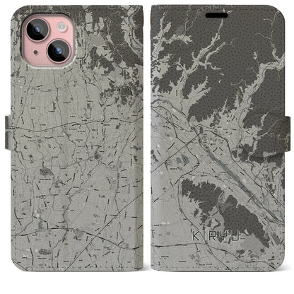 【桐生（群馬県）】地図柄iPhoneケース（手帳タイプ）モノトーン・iPhone 15 Plus 用