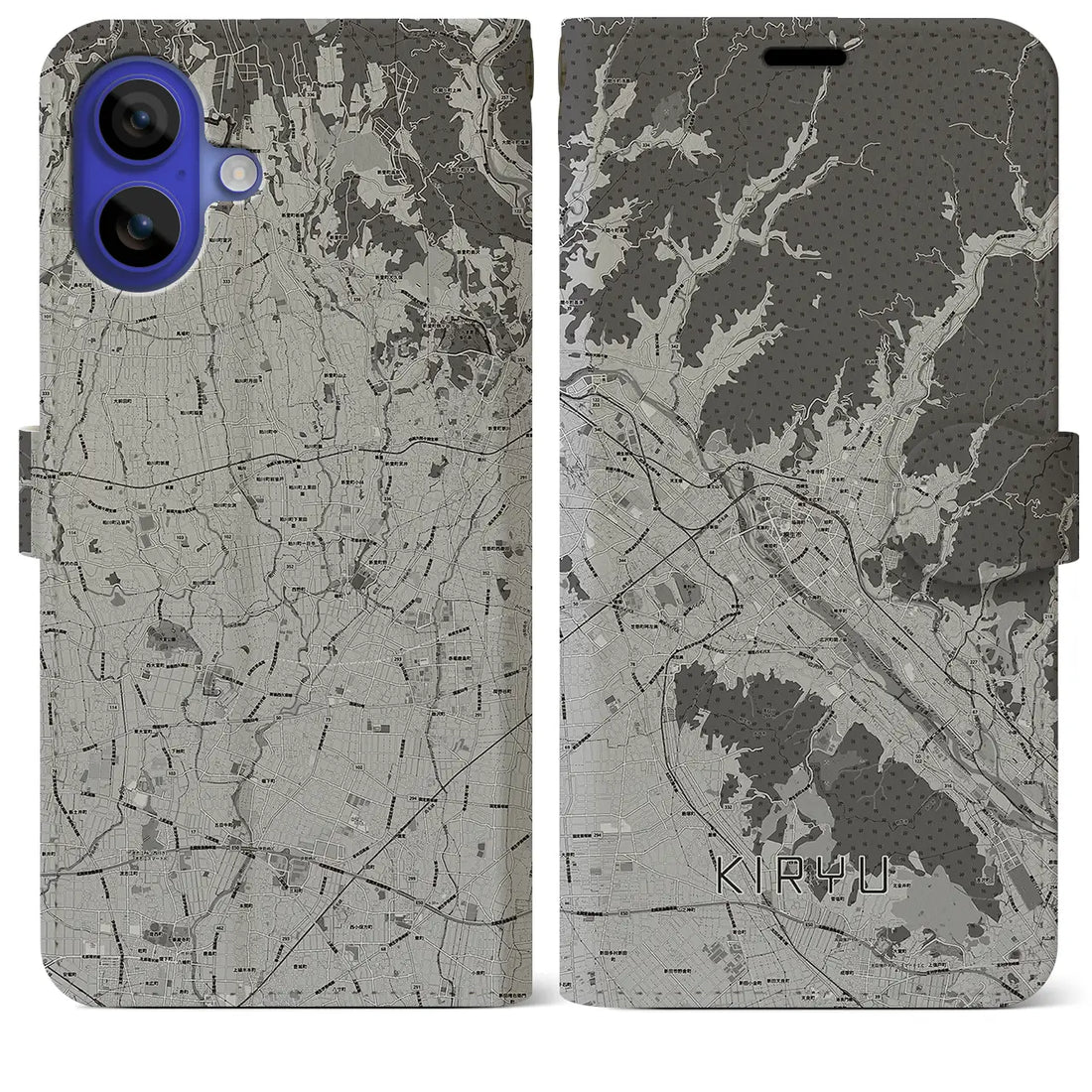 【桐生(群馬県)】地図柄iPhoneケース(手帳タイプ)モノトーン・iPhone 16 Pro Max 用