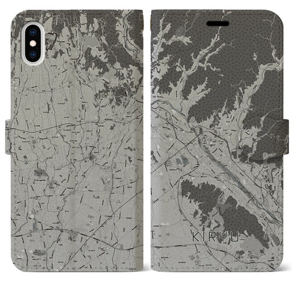 【桐生（群馬県）】地図柄iPhoneケース（手帳タイプ）モノトーン・iPhone XS Max 用