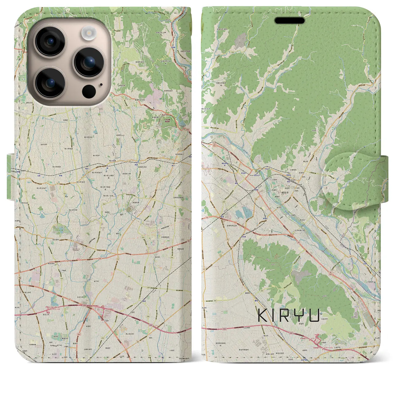 【桐生（群馬県）】地図柄iPhoneケース（手帳タイプ）ナチュラル・iPhone 16 Plus 用