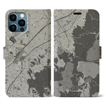 【私市（大阪府）】地図柄iPhoneケース（手帳タイプ）モノトーン・iPhone 12 / 12 Pro 用