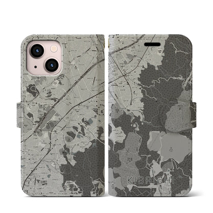 【私市（大阪府）】地図柄iPhoneケース（手帳タイプ）モノトーン・iPhone 13 mini 用