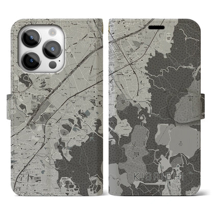 【私市（大阪府）】地図柄iPhoneケース（手帳タイプ）モノトーン・iPhone 14 Pro 用