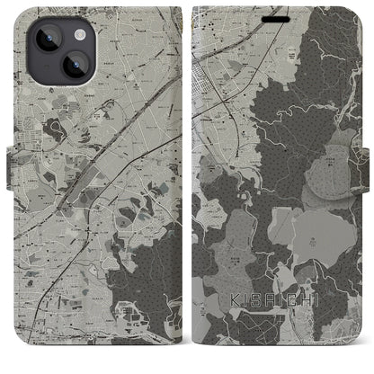 【私市（大阪府）】地図柄iPhoneケース（手帳タイプ）モノトーン・iPhone 14 Plus 用