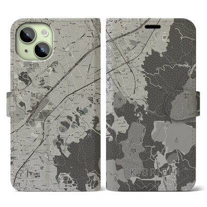 【私市（大阪府）】地図柄iPhoneケース（手帳タイプ）モノトーン・iPhone 15 用