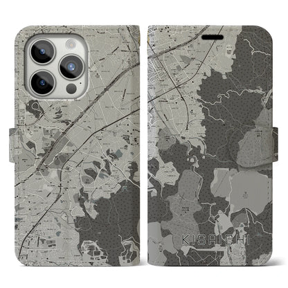 【私市（大阪府）】地図柄iPhoneケース（手帳タイプ）モノトーン・iPhone 15 Pro 用