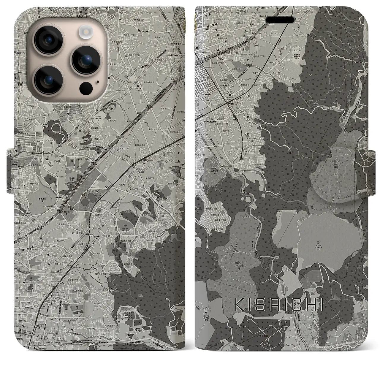 【私市（大阪府）】地図柄iPhoneケース（手帳タイプ）モノトーン・iPhone 16 Plus 用