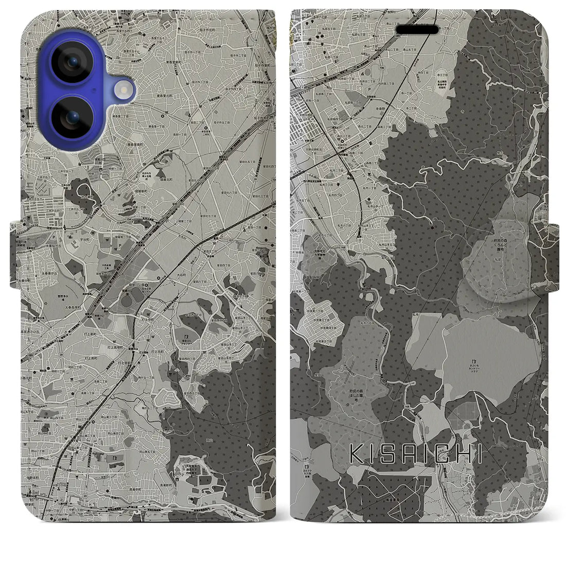 【私市(大阪府)】地図柄iPhoneケース(手帳タイプ)モノトーン・iPhone 16 Pro Max 用