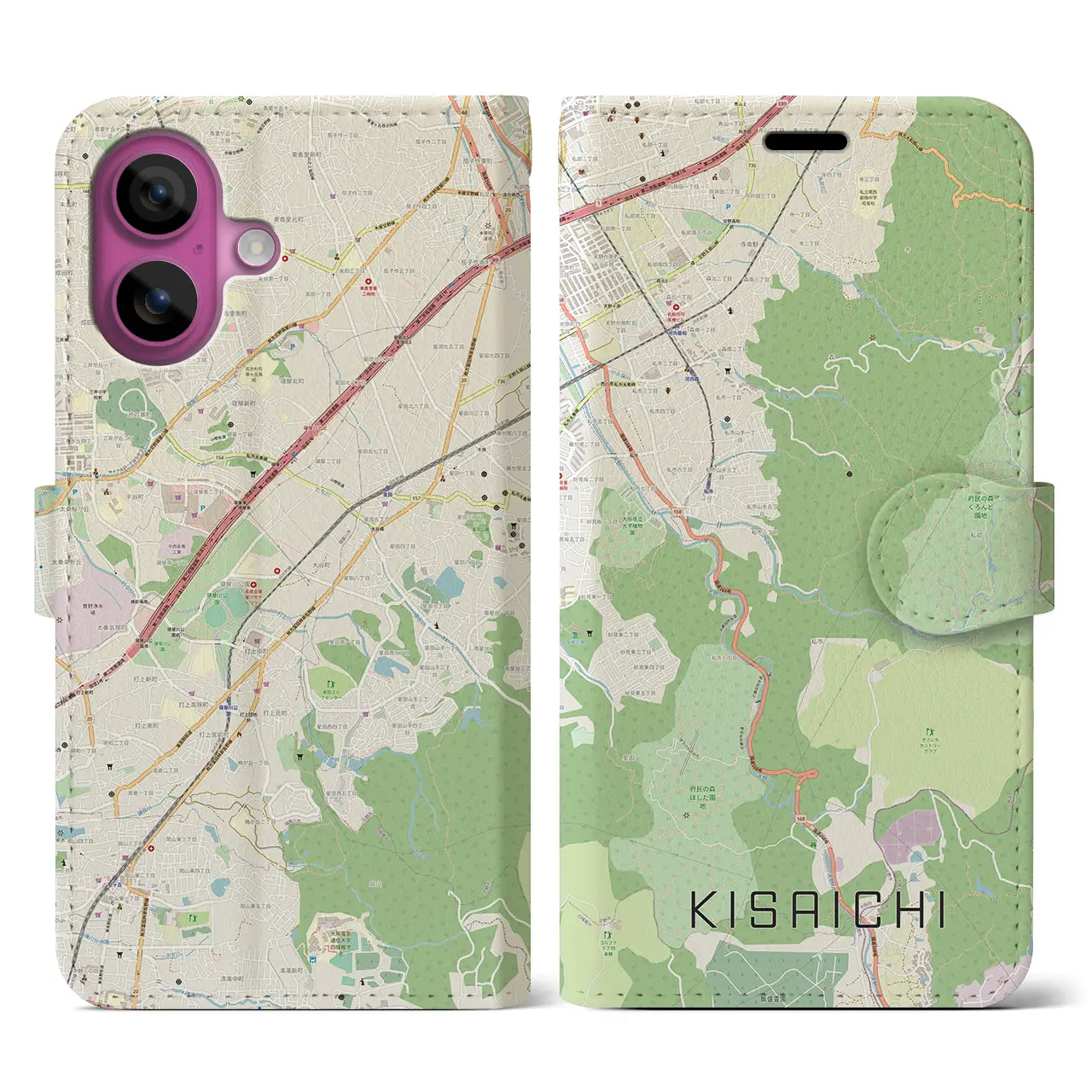 【私市（大阪府）】地図柄iPhoneケース（手帳タイプ）ナチュラル・iPhone 16 Pro 用