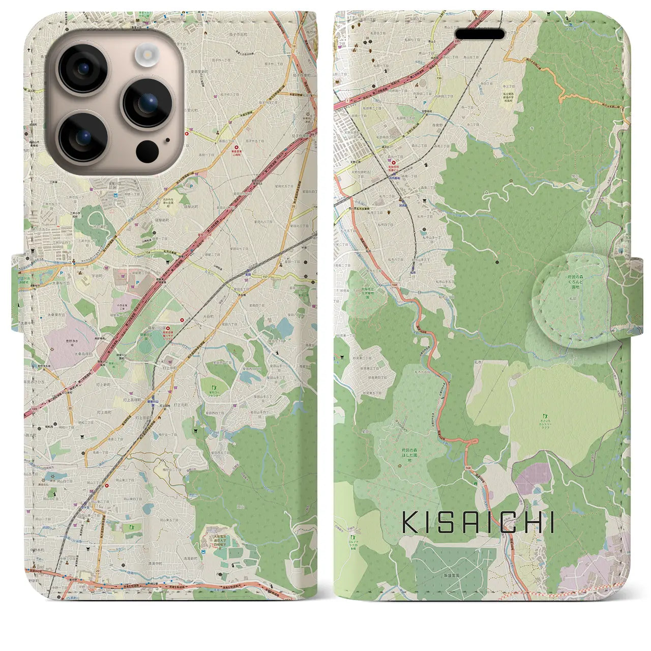 【私市（大阪府）】地図柄iPhoneケース（手帳タイプ）ナチュラル・iPhone 16 Plus 用