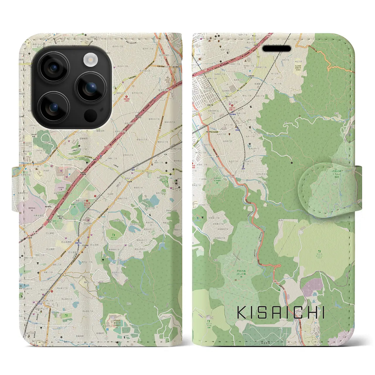 【私市（大阪府）】地図柄iPhoneケース（手帳タイプ）ナチュラル・iPhone 16 用