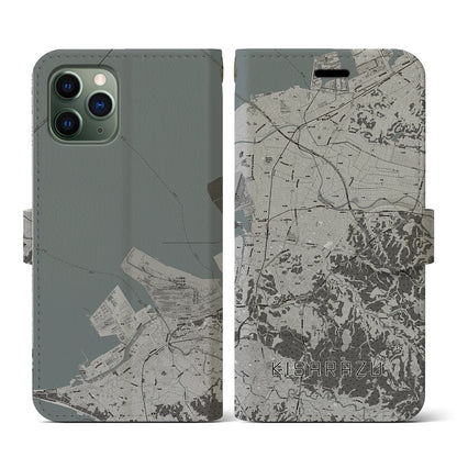 【木更津（千葉県）】地図柄iPhoneケース（手帳タイプ）モノトーン・iPhone 11 Pro 用