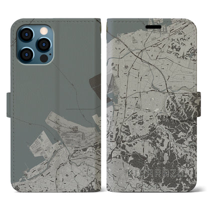 【木更津（千葉県）】地図柄iPhoneケース（手帳タイプ）モノトーン・iPhone 12 / 12 Pro 用