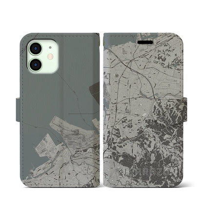 【木更津（千葉県）】地図柄iPhoneケース（手帳タイプ）モノトーン・iPhone 12 mini 用