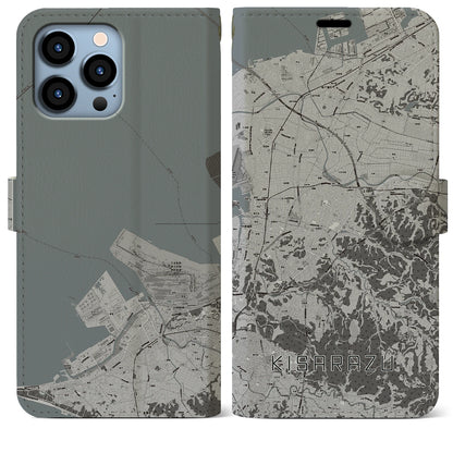 【木更津（千葉県）】地図柄iPhoneケース（手帳タイプ）モノトーン・iPhone 13 Pro Max 用