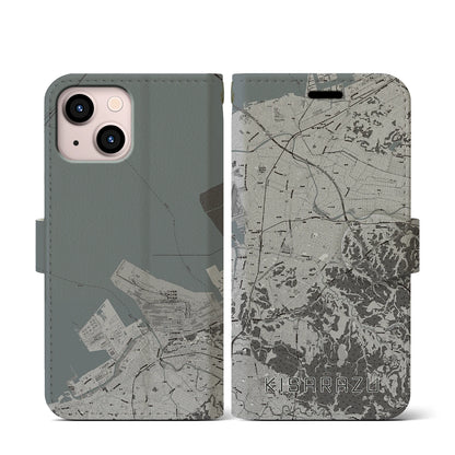 【木更津（千葉県）】地図柄iPhoneケース（手帳タイプ）モノトーン・iPhone 13 mini 用