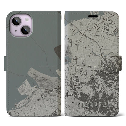 【木更津（千葉県）】地図柄iPhoneケース（手帳タイプ）モノトーン・iPhone 14 用